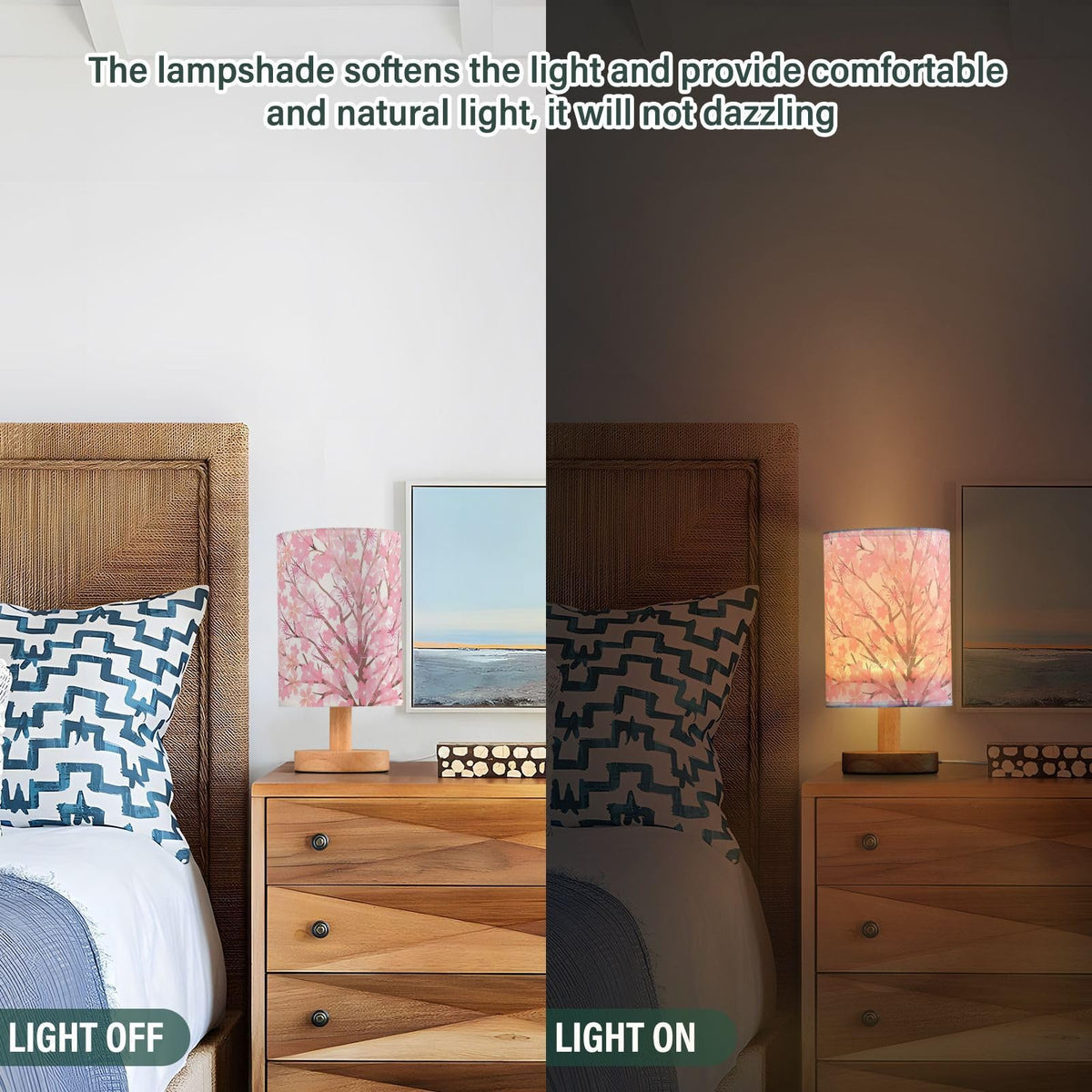 Pink Cherry Blossom Table Lamp with Wood Base Fabric Shade M52060