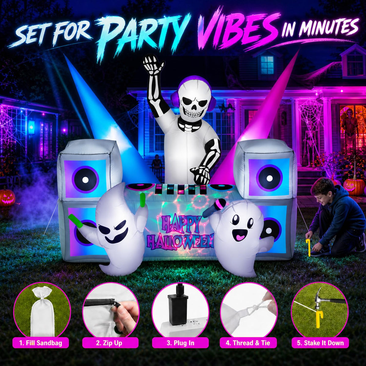 7FT Halloween Inflatable Skeleton DJ Ghosts with Multi-Color LEDs A331
