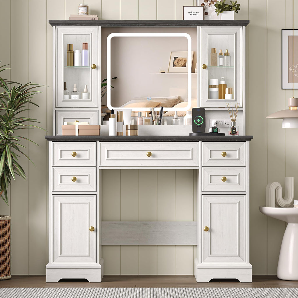 White Makeup Vanity Desk with Mirror and LED Lights K8345