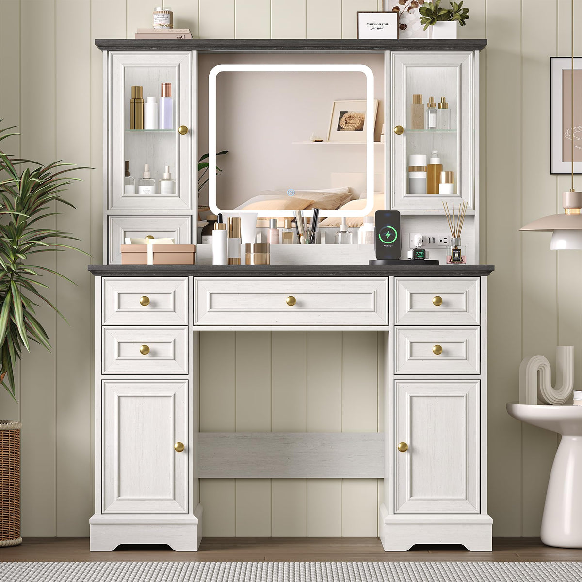 White Makeup Vanity Desk with Mirror and LED Lights K8345