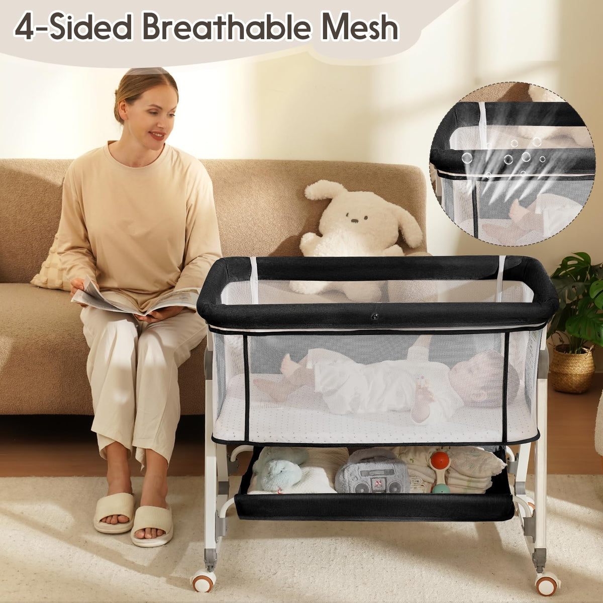 3 in 1 Baby Bassinets Bedside Sleeper with Storage Basket L565056
