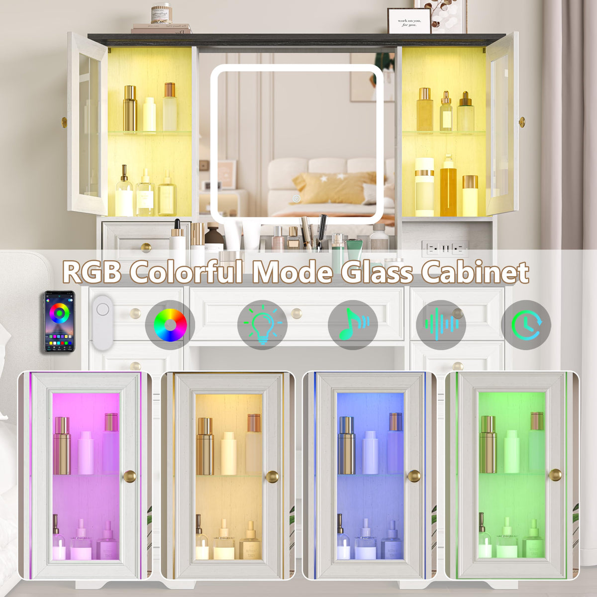 White Makeup Vanity Desk with Mirror and LED Lights K8345
