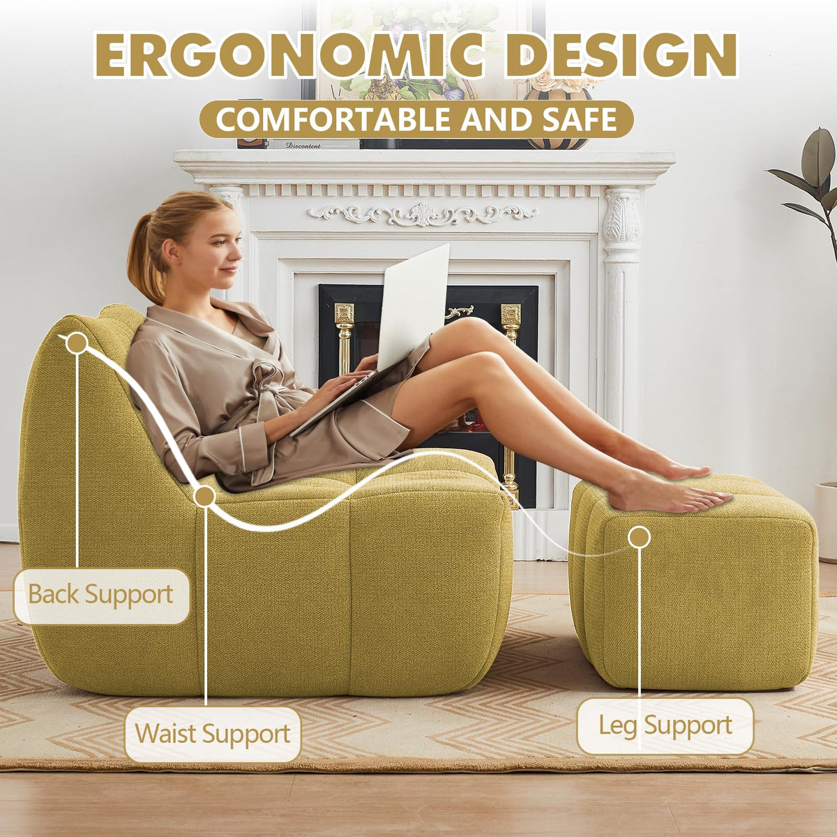 Yellow Memory Foam Bean Bag Chair with Ottoman N282482