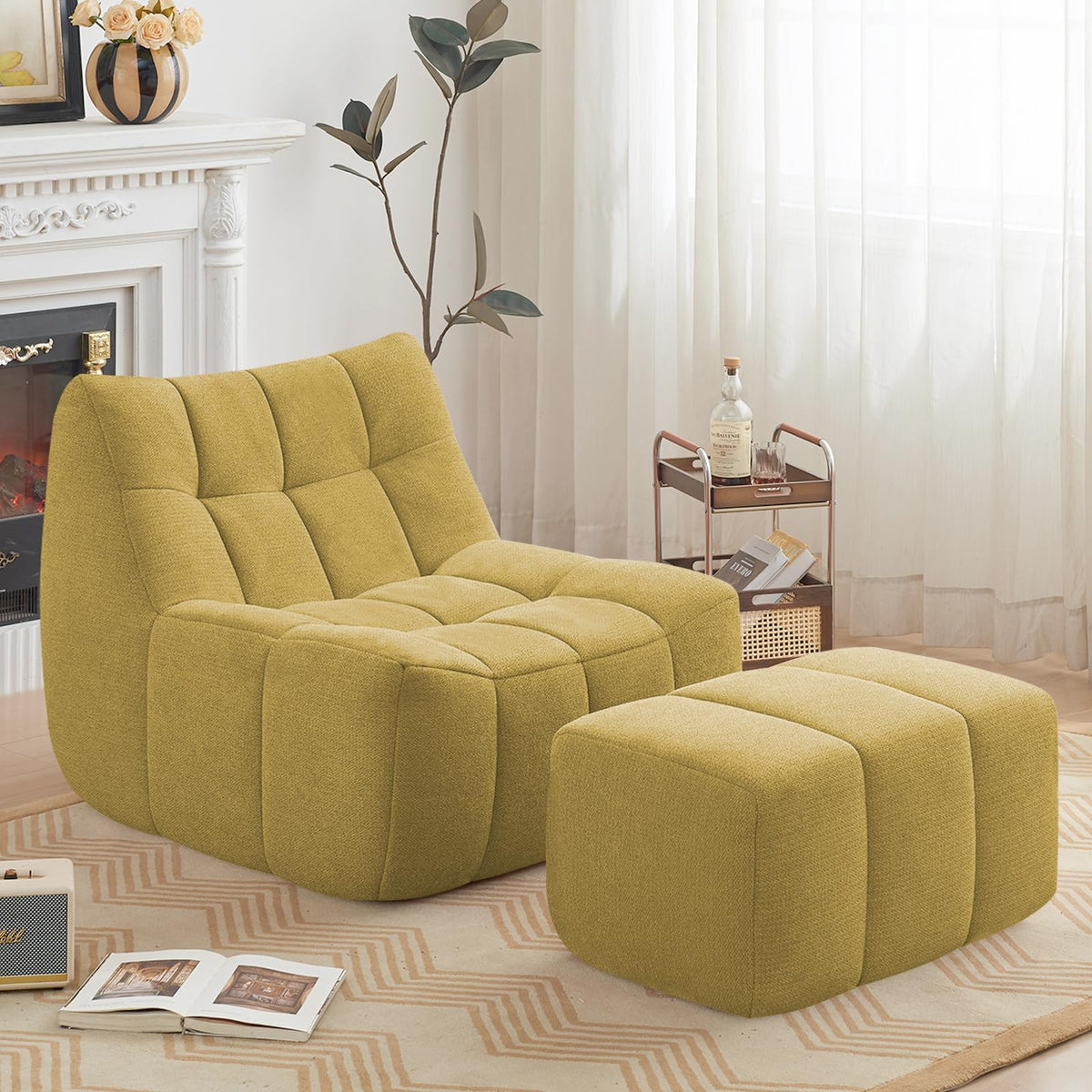 Yellow Memory Foam Bean Bag Chair with Ottoman N282482