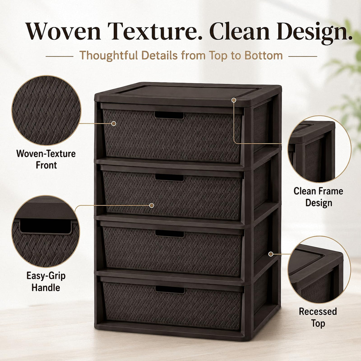 4 Drawer Plastic Storage Tower with Brown Weave Bins T64796