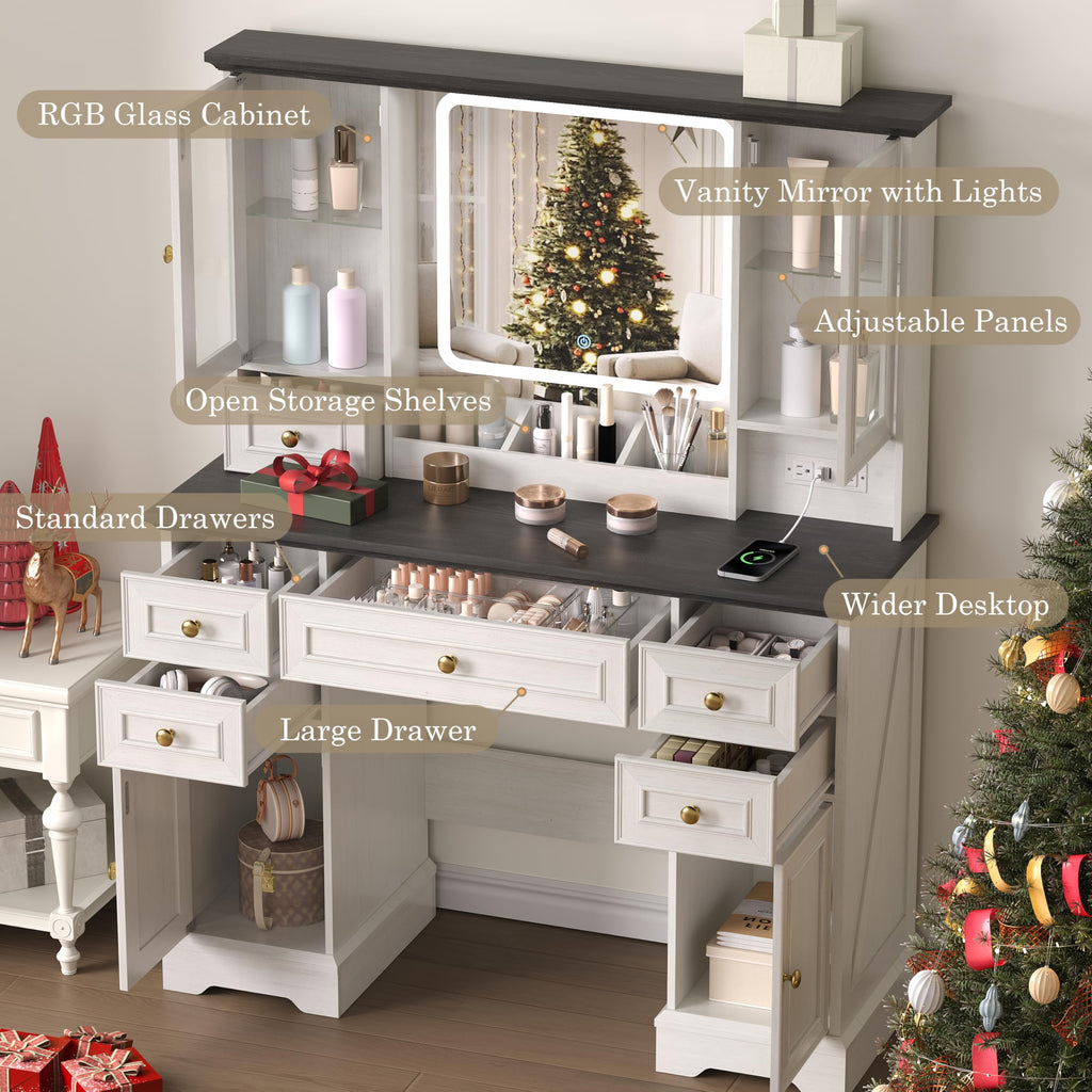 White Makeup Vanity Desk with Mirror and LED Lights K8345