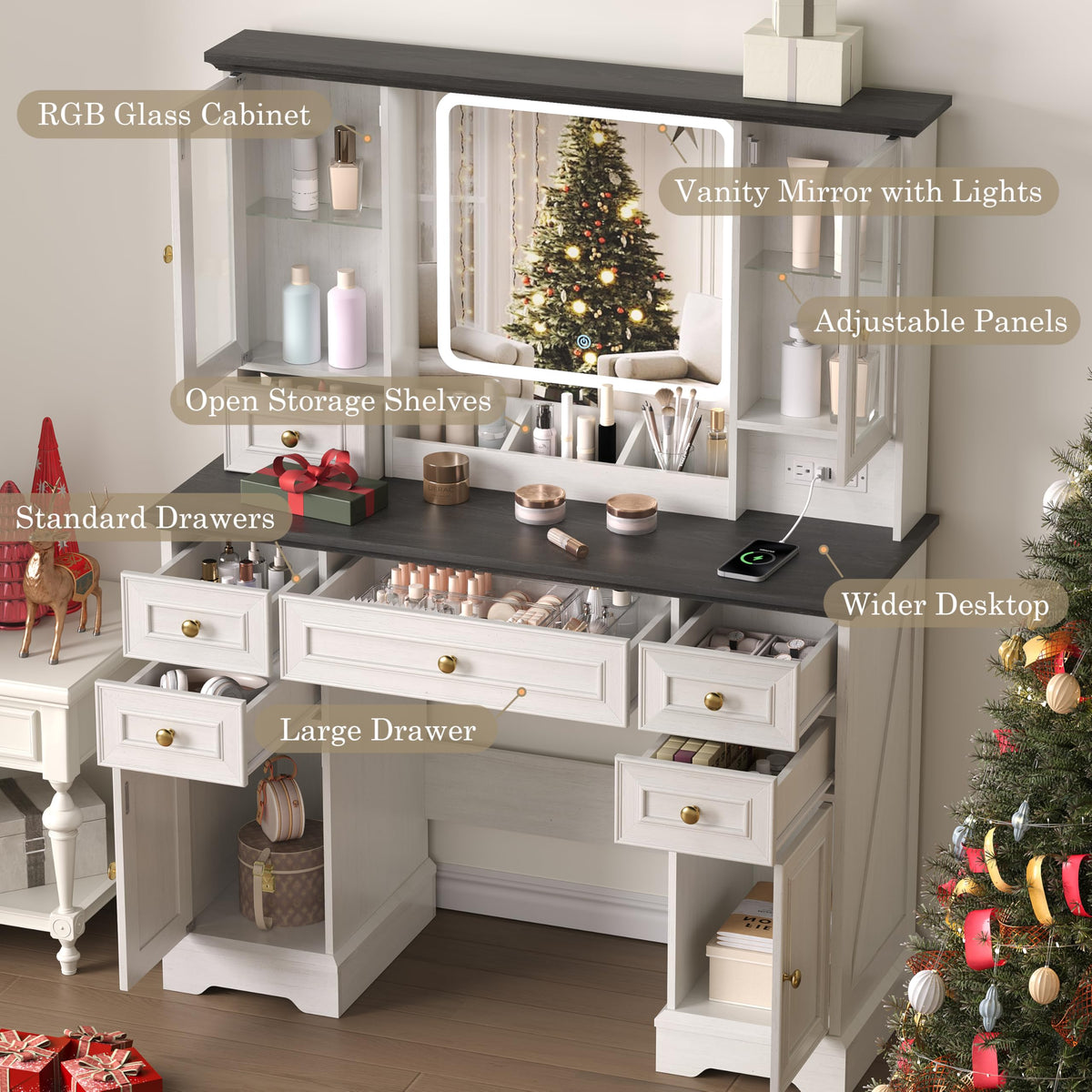 White Makeup Vanity Desk with Mirror and LED Lights K8345
