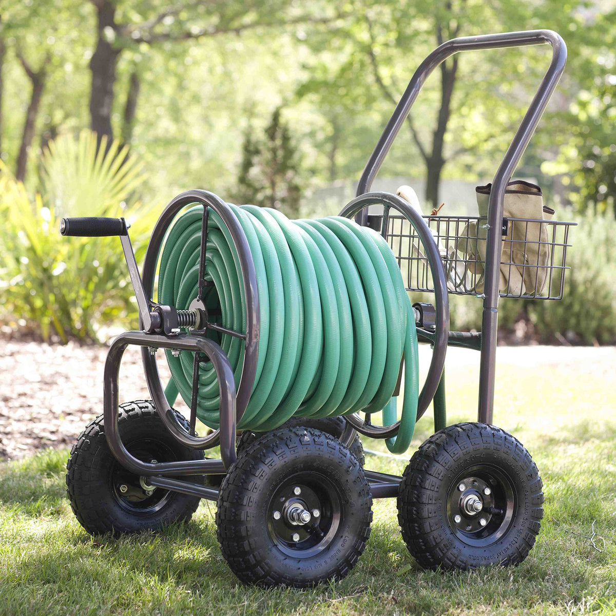 Four Wheel 250 Foot Capacity Steel Frame Water Hose Reel Cart with Basket M8248
